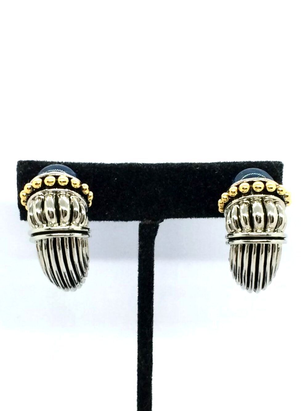 Vintage Silver Tone Earrings Gold Tone Blue Cabochon Etruscan Revival Half Hoop